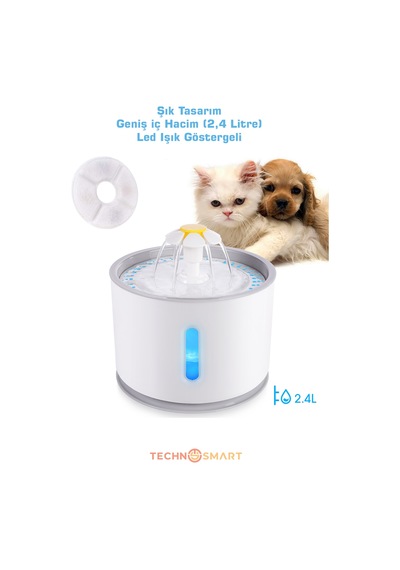 TechnoSmart Kedi Köpek Su Çeşmesi Su Pınarı Kabı Led Işık Göstergesi