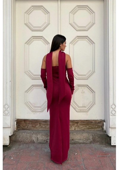 Lior Design Kadın Modern Tasarım Scuba Esnek Kumaş Straplez Balık Kesim Abiye Elbise Bordo