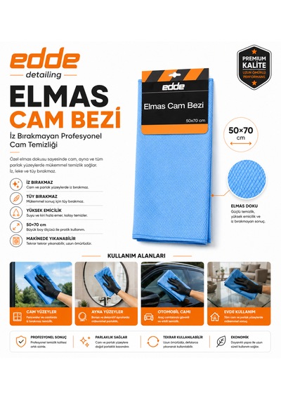 Edde Araba Araç Oto Elmas Cam Bezi 50 70 Cm Oto Detailing