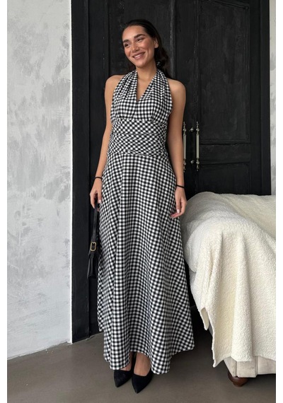 Madmext Siyah Ekoseli Midi Boy Kadın Elbise Mg2350 Siyah