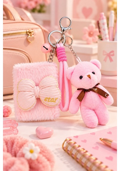Peluş Fiyonk Detaylı Cep Aynası Anahtarlık Ve Peluş Ayıcık Set Kawaii Çanta Charmı Makyaj Aynası-p Çok Renkli