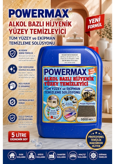 Powermax Alkol Bazlı Hijyenik Yüzey Temizleyici 5 Litre Profesyonel Yüzey Temizlik Ürünü Tekli