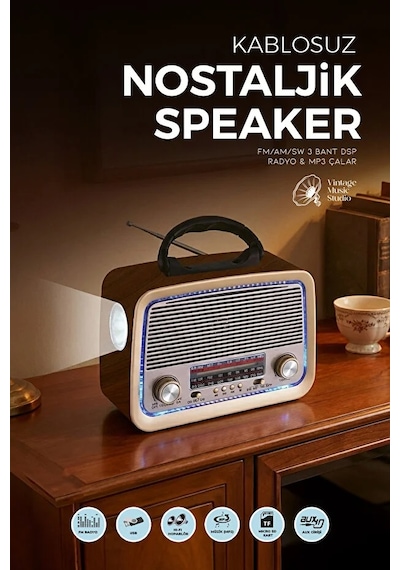Bluetooth Nostaljik Speaker Fm/am/sw Radyo Şarj Edilebilir Aydınlatmalı Retro Hoparlör
