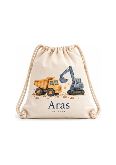 Gıovera Mini Trucks İş Makineleri İsim Baskılı Büzgülü Bez Sırt Çantası 35x40 Cm - Aras Ham Bez
