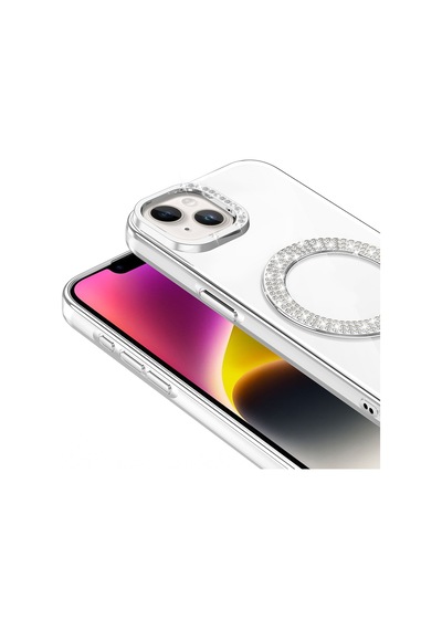 Apple Uyumlu iPhone 14 Kılıf Pırlanta Taş Tasarımlı M-safe Şarj Özellikli Zore Karetta Silikon Kapak Mavi