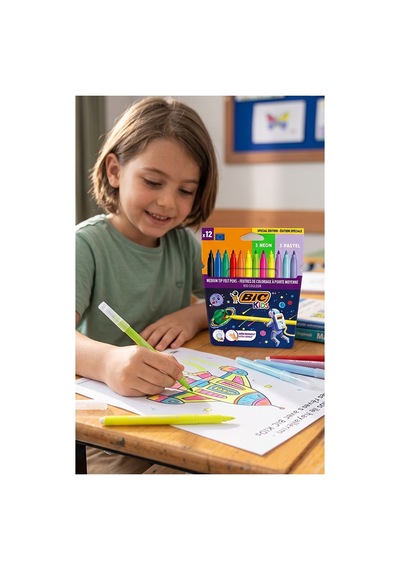 Keçeli Kalem 12 Renk 1 Paket Bic Couleur 12 Li Keçeli Kalem Canlı Renkler Pastel Ve Neon Renkler Yıkanabilir Kaliteli
