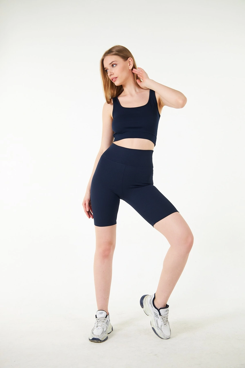 Thiff Gymwear Haki Yüksek Bel Toparlayıcı Kısa Şort Spor Fitilli Biker Tayt Lacivert