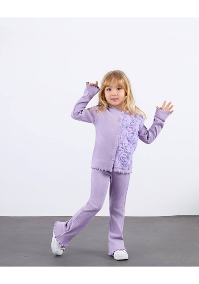 Miniko Kids Kız Çocuk Bayramlık Çiçek Detaylı Kaşkorse Taytlı Takım Lila