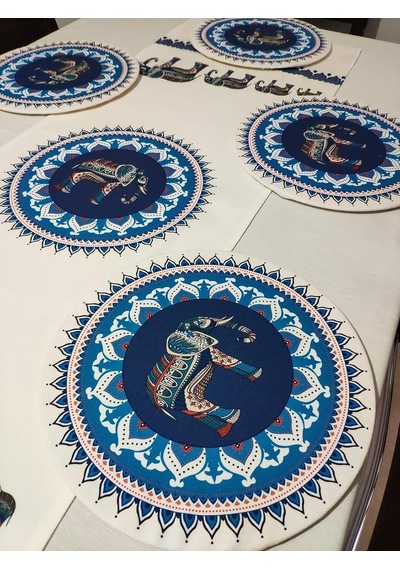 Etnik Fil Desenli Runner, 6'li Supla Set Çok Renkli
