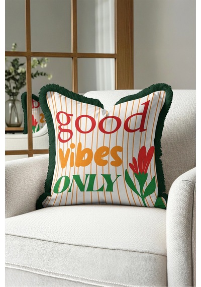 Good Vibes Only Çiçekli Saçaklı Yastık Kılıfı - Retro Botanik Yeşil Siyah Püsküllü Kırlent Kılıfı Yeşil