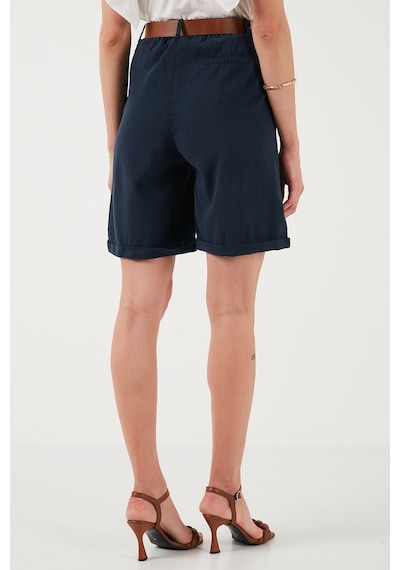Lela Pamuklu Relaxed Fit Yüksel Bel Kemerli Gabardin Short Bayan Şort 668Yp4710 Lacivert