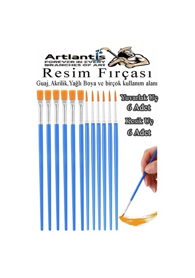 Resim Fırçası Kesik Ve Yuvarlak Uçlu 12 Adet Sentetik Fırça Ekonomik Suluboya Akrilik Boya Guaj Boya Yağlı Boya Resim