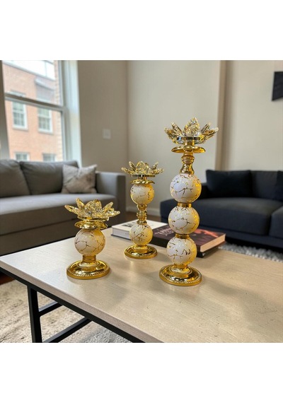 Sleep Nova Lotus Kristal Şamdan Mumluk Gold Beyaz Mermer Desenli
