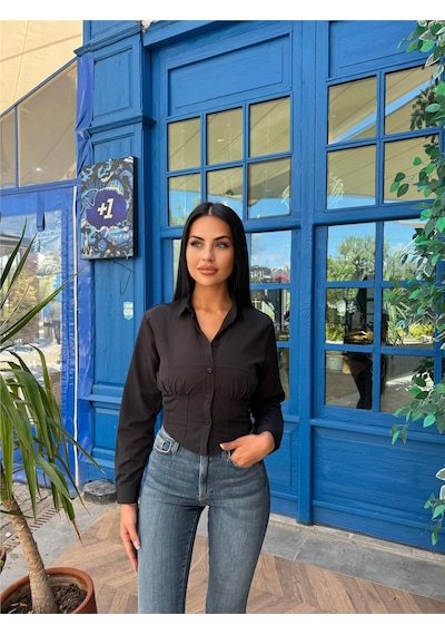 WeShaya Siyah Desenli Polyester Parçalı Gömlek Siyah