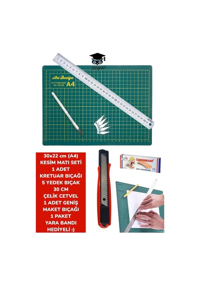 30x22 Cm A4 Kesim Matı Seti 1 Adet Kretuar Bıçağı 5 Yedek Bıçak 30 Cm Cetvel 1 Adet Maket Bıçağı