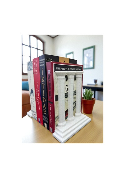 Dekoratif Roma Sütunu Kitap Tutucu İkili Set Mermer Beyaz Kitaplık