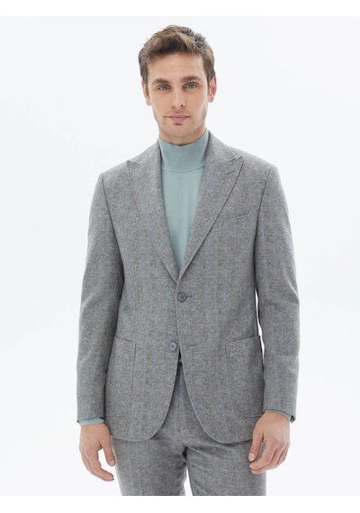 Gri Çizgili Modern Fit Yün Karışımlı Takım Elbise Gri