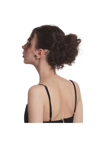 Kadın Gümüş Renk Lak Kaplama Taşlı Yaprak Stilizesi Sol Kulak Earcuff & Kıkırdak Küpe Çok Renkli