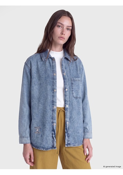 Lcw Modest İndigo Gömlek Yaka Oversize Kadın Jean Tunik