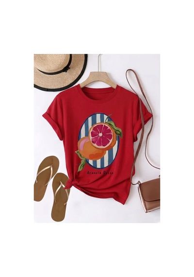 Kadın İtalyan Esintili Portakal Baskılı Comfort T-shirt Kırmızı