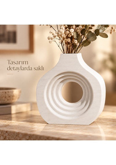 Halka Tasarımlı Dekoratif Vazo Modern Çiçeklik Beyaz