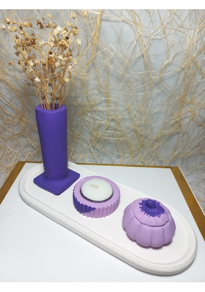 Tabaklı Sütun Vazolu, Minimal Mumluk Ve Balkabağı 4 Parça Set Beyaz Mor