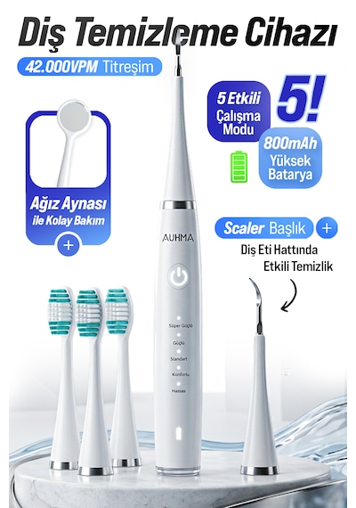 Auhma Amf14 Ultrasonik Diş Temizleme Cihazı Beyaz 42.000 Titreşim/dk 5 Mod Ipx8 Su Geçirmez
