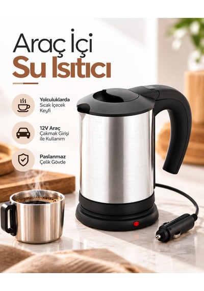 12v Araç Çakmak Girişli Paslanmaz Çelik Araç İçi Su Isıtıcı Seyahat Tipi Kettle - Lisinya