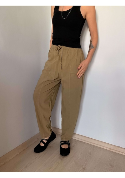 Haki Havuç Kesim Keten Pantolon Olive