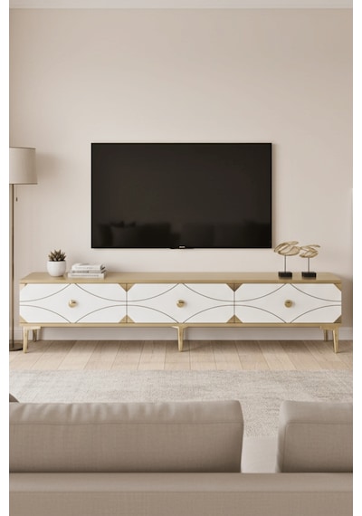Tsa1897dbg - Alfa Tsa180 Tv Stand, Tv Sehpası Ve Tv Ünitesi Safirmeşe - Beyaz - Gold 180cm