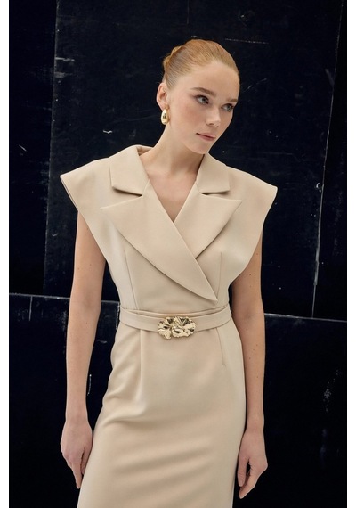 Sateen Aksesuar Detaylı Maxi Elbise - Bej-137076 Bej