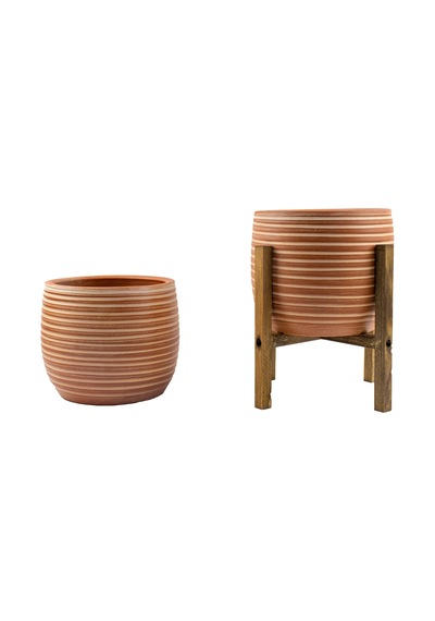 Bitki Tasarımı Ev Dekorasyon Yan Çizgi Desenli Toprak Saksı Saksılık Salon Çiçeklik İkili Set Ayaksız - 4 Ayaklı- 19 CM