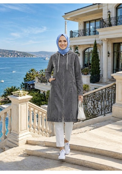 Hb Harma Time Butik Kadın Kapüşonlu Cepli Fermuarlı Gri Kot Kap