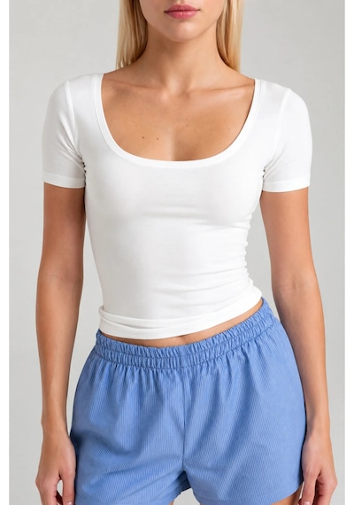 Cloudymood Kadın Ultra Soft Oval Yaka Kısa Kol Bluz Ekru - 894334576 Ekru