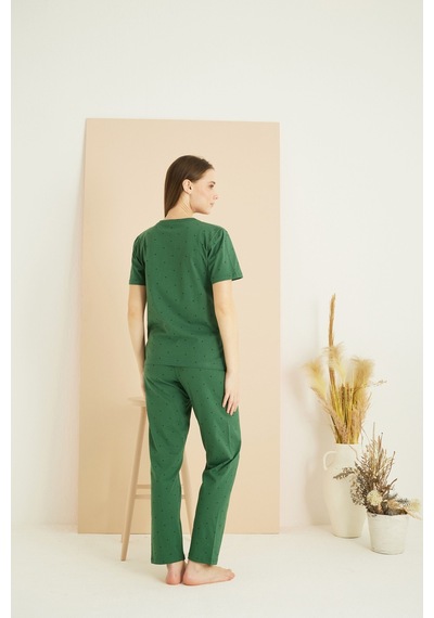 Siyah İnci Desenli Pamuklu Bisiklet Yaka Örme Pijama Takım25103223 Yeşil