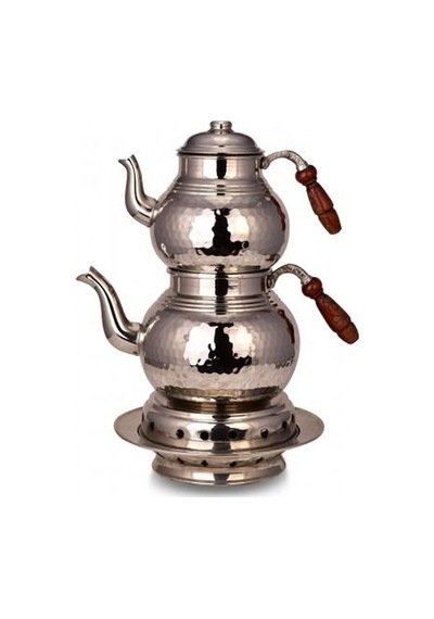 Turna Bakır Klasik Çaydanlık 3 No Isıtıcılı Takım El Dövme Nikel Bakır