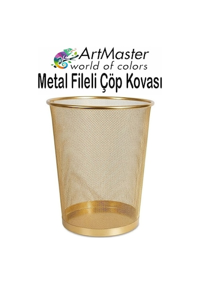 Altın Sarı Çöp Kovası Paslanmaz Çelik Fileli 1 Adet Ofis Büro Okul Çöp Kovası Metal Delikli Kolay Kullanım Altın