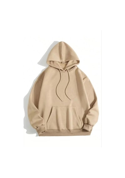 Kadın Kapüşonlu Kanguru Cepli 3 İplik Pamuklu Düz Hoodie Sweatshirt - Bej