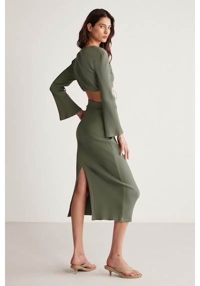 Ethıquet Lauren Kadın Slim Fit Fermuar Detaylı Midi Haki Etek