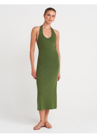 Dilvin 91476 Halter Yaka Midi Elbise-koyu Haki Koyu Haki