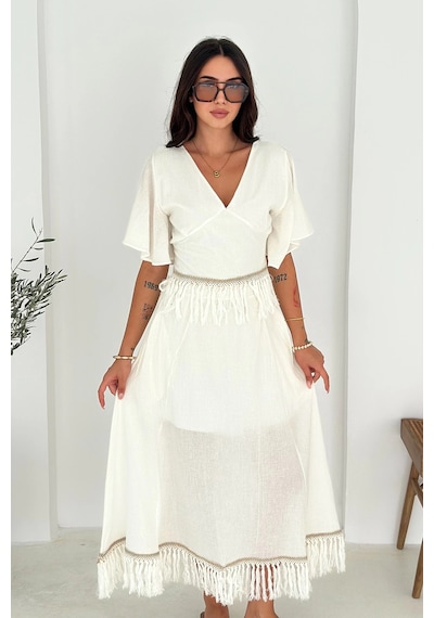 Asprin Fashion Püsküllü Bluz Etek Takım Beyaz Beyaz