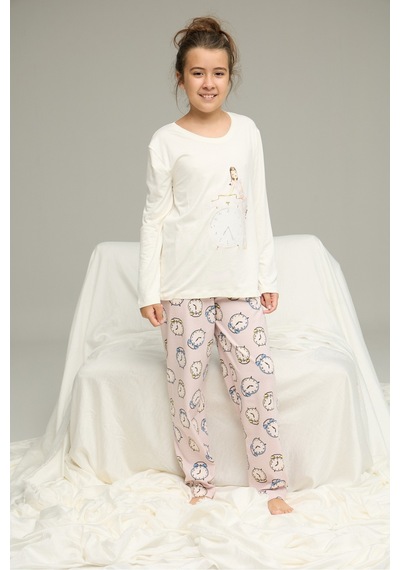 Siyah İnci Saat Desenli Pamuklu Bisiklet Yaka Örme Pijama Takım25241152 Ekru