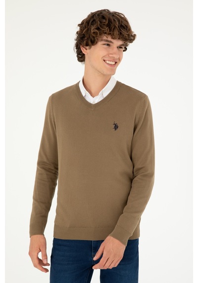 U.S. Polo Assn. Erkek Slim Fit V Yaka Haki Basic Kazak 50293512-VR027