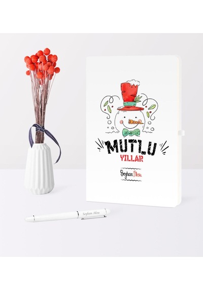 Kişiye Özel Yılbaşı Mutlu Yıllar Temalı Beyaz Defter Kalem Seti - 5