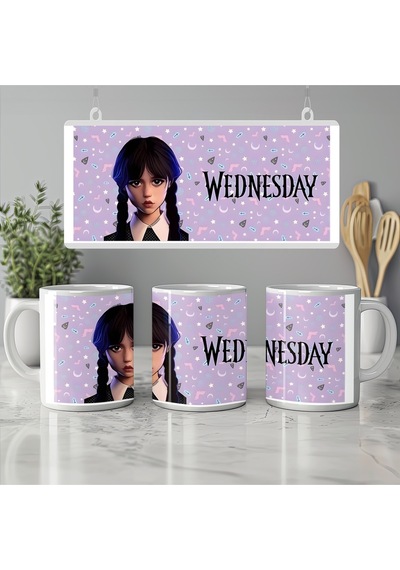 Wednesday Addams Kupa Bardak Gotik Tarz Mor Arka Planlı Tasarım - Dizi Temalı Hediye Beyaz