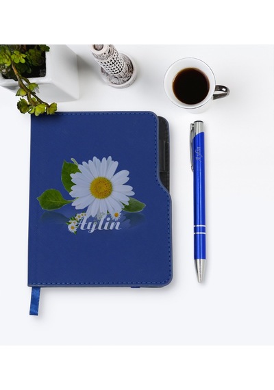 Kişiye Özel Papatya Temalı Lacivert Termo Deri Defter Kalem Seti- N11.137