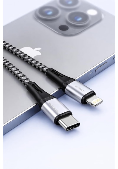 Type C-lightning Uyumlu Örgülü Kablo, 27watt Pd Hızlı Şarj, Wahoo 1ad X 1metre Grisiyah