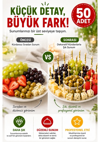 50 Adet Dekoratif Sarı Örgülü Bambu Kürdan 12 Cm Parti Davet Kokteyl Meyve Sunum Kürdanı Seti Paket