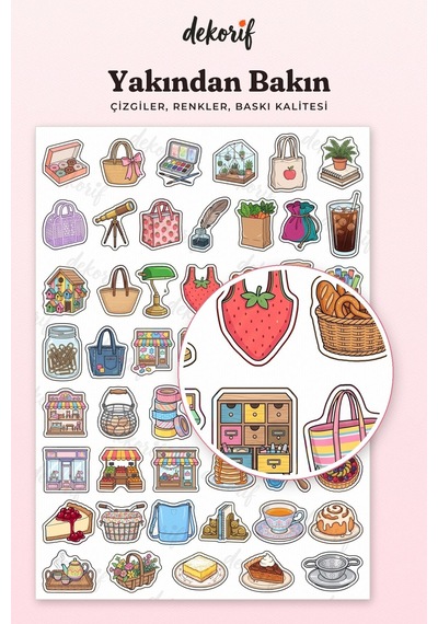 Renkli Çarşı Dükkanları Sticker Seti 100 Adet - Kafe Kitapçı Fırın Butik Temalı Ajanda Çıkartma Çok Renkli