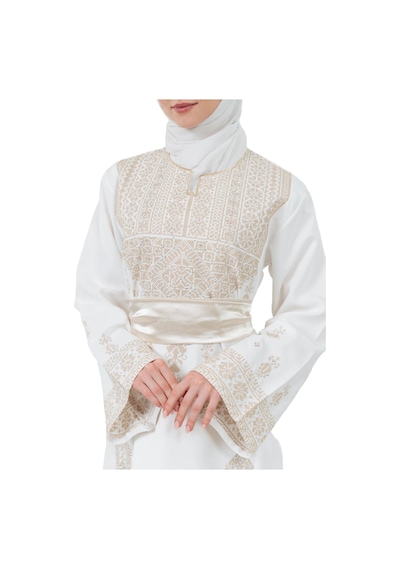 Zaytoon Filistin Nakışlı Modern Beyaz Kaftan Elbise - Geleneksel Şıklık Altın